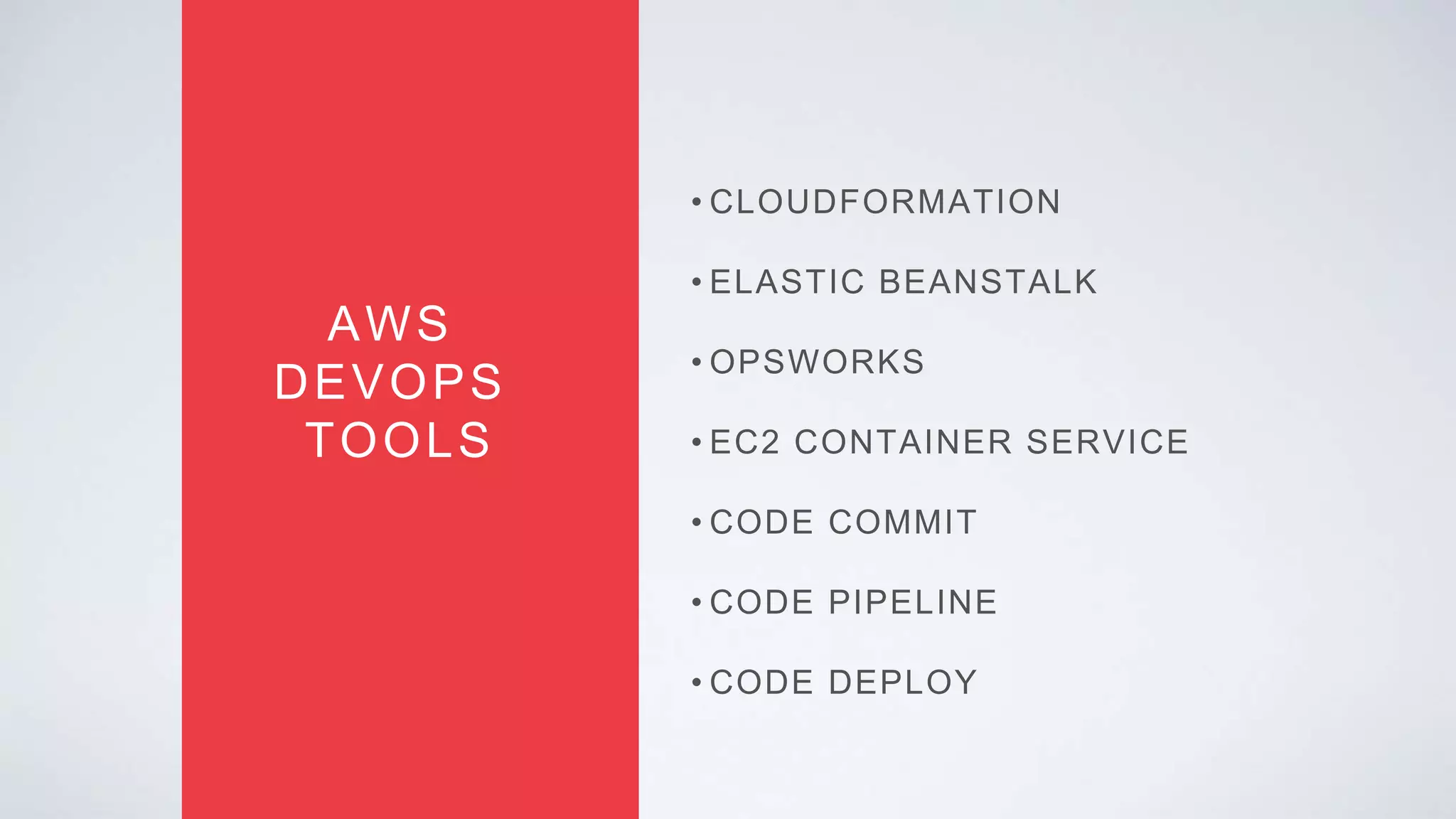 • CLOUDFORMATION
• ELASTIC BEANSTALK
• OPSWORKS
• EC2 CONTAINER SERVICE
• CODE COMMIT
• CODE PIPELINE
• CODE DEPLOY
AWS
DEVOPS
TOOLS
 