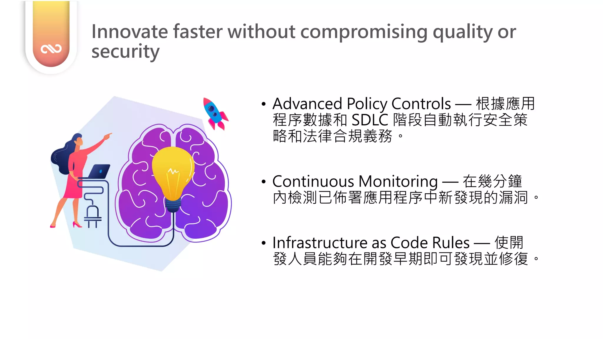 • Advanced Policy Controls — 根據應用
程序數據和 SDLC 階段自動執行安全策
略和法律合規義務。
• Continuous Monitoring — 在幾分鐘
內檢測已佈署應用程序中新發現的漏洞。
• Infrastructure as Code Rules — 使開
發人員能夠在開發早期即可發現並修復。
Innovate faster without compromising quality or
security
 