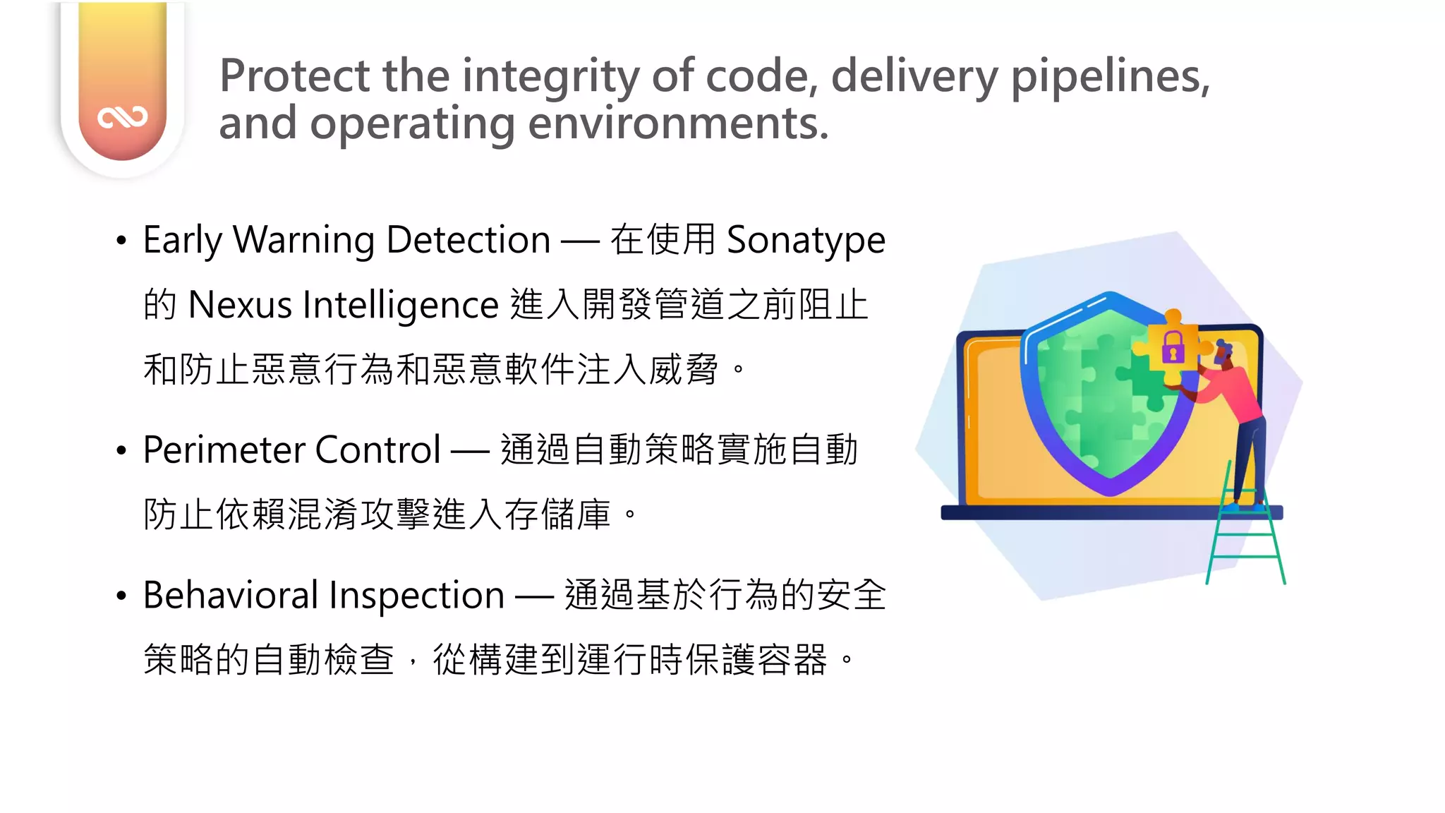 • Early Warning Detection — 在使用 Sonatype
的 Nexus Intelligence 進入開發管道之前阻止
和防止惡意行為和惡意軟件注入威脅。
• Perimeter Control — 通過自動策略實施自動
防止依賴混淆攻擊進入存儲庫。
• Behavioral Inspection — 通過基於行為的安全
策略的自動檢查，從構建到運行時保護容器。
Protect the integrity of code, delivery pipelines,
and operating environments.
 