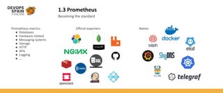 1.3 Prometheus
Becoming the standard
Prometheus metrics:
● Databases
● Hardware related
● Messaging systems
● Storage
● HTTP
● APIs
● Logging
● ….
Official exporters: Native:
 