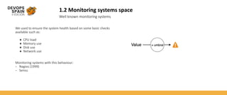 1.2 Monitoring systems space
Well known monitoring systems
We used to ensure the system health based on some basic checks
available such as:
● CPU load
● Memory use
● Disk use
● Network use
Monitoring systems with this behaviour:
- Nagios (1999)
- Sensu
 