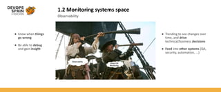 1.2 Monitoring systems space
Observability
● know when things
go wrong
● Be able to debug
and gain insight
● Trending to see changes over
time, and drive
technical/business decisions
● Feed into other systems (QA,
security, automation, ...)
 
