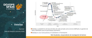 DataOps
Gartner
Data & Analytics Summit 2018
DataOps, la plataforma de base de datos de nube privada como servicio (dbPaaS) y la gestión de
datos habilitados para el aprendizaje automático.
DataOps es una nueva práctica sin estándares ni frameworks
Nick Heudecker, vicepresidente de investigación de Gartner
 