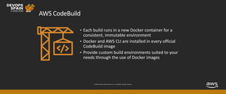 © 2019, Amazon Web Services, Inc. or its affiliates. All rights reserved.
AWS CodeBuild
• Each build runs in a new Docker container for a
consistent, immutable environment
• Docker and AWS CLI are installed in every official
CodeBuild image
• Provide custom build environments suited to your
needs through the use of Docker images
 