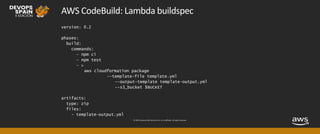 © 2019, Amazon Web Services, Inc. or its affiliates. All rights reserved.
AWS CodeBuild: Lambda buildspec
version: 0.2
phases:
build:
commands:
- npm ci
- npm test
- >
aws cloudformation package
--template-file template.yml
--output-template template-output.yml
--s3_bucket $BUCKET
artifacts:
type: zip
files:
- template-output.yml
 