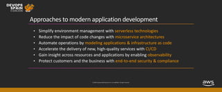 © 2019, Amazon Web Services, Inc. or its affiliates. All rights reserved.
Approaches to modern application development
• Simplify environment management with serverless technologies
• Reduce the impact of code changes with microservice architectures
• Automate operations by modeling applications & infrastructure as code
• Accelerate the delivery of new, high-quality services with CI/CD
• Gain insight across resources and applications by enabling observability
• Protect customers and the business with end-to-end security & compliance
 