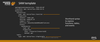 © 2019, Amazon Web Services, Inc. or its affiliates. All rights reserved.
SAM template
AWSTemplateFormatVersion: '2010-09-09'
Transform: AWS::Serverless-2016-10-31
Resources:
GetFunction:
Type: AWS::Serverless::Function
Properties:
Handler: index.get
Runtime: nodejs6.10
CodeUri: src/
Policies: AmazonDynamoDBReadOnlyAccess
Events:
GetResource:
Type: Api
Properties:
Path: /resource/{resourceId}
Method: get
Table:
Type: AWS::Serverless::SimpleTable
 