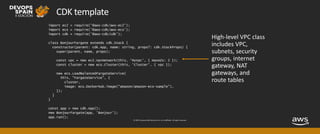 © 2019, Amazon Web Services, Inc. or its affiliates. All rights reserved.
CDK template
import ec2 = require('@aws-cdk/aws-ec2');
import ecs = require('@aws-cdk/aws-ecs');
import cdk = require('@aws-cdk/cdk');
class BonjourFargate extends cdk.Stack {
constructor(parent: cdk.App, name: string, props?: cdk.StackProps) {
super(parent, name, props);
const vpc = new ec2.VpcNetwork(this, 'MyVpc', { maxAZs: 2 });
const cluster = new ecs.Cluster(this, 'Cluster', { vpc });
new ecs.LoadBalancedFargateService(
this, "FargateService", {
cluster,
image: ecs.DockerHub.image("amazon/amazon-ecs-sample"),
});
}
}
const app = new cdk.App();
new BonjourFargate(app, 'Bonjour');
app.run();
 