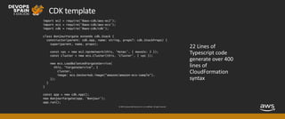 © 2019, Amazon Web Services, Inc. or its affiliates. All rights reserved.
import ec2 = require('@aws-cdk/aws-ec2');
import ecs = require('@aws-cdk/aws-ecs');
import cdk = require('@aws-cdk/cdk');
class BonjourFargate extends cdk.Stack {
constructor(parent: cdk.App, name: string, props?: cdk.StackProps) {
super(parent, name, props);
const vpc = new ec2.VpcNetwork(this, 'MyVpc', { maxAZs: 2 });
const cluster = new ecs.Cluster(this, 'Cluster', { vpc });
new ecs.LoadBalancedFargateService(
this, "FargateService", {
cluster,
image: ecs.DockerHub.image("amazon/amazon-ecs-sample"),
});
}
}
const app = new cdk.App();
new BonjourFargate(app, 'Bonjour');
app.run();
CDK template
 