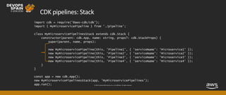 © 2019, Amazon Web Services, Inc. or its affiliates. All rights reserved.
CDK pipelines: Stack
import cdk = require('@aws-cdk/cdk');
import { MyMicroservicePipeline } from './pipeline';
class MyMicroservicePipelinesStack extends cdk.Stack {
constructor(parent: cdk.App, name: string, props?: cdk.StackProps) {
super(parent, name, props);
new MyMicroservicePipeline(this, 'Pipeline1', { 'serviceName': 'Microservice1' });
new MyMicroservicePipeline(this, 'Pipeline2', { 'serviceName': 'Microservice2' });
new MyMicroservicePipeline(this, 'Pipeline3', { 'serviceName': 'Microservice3' });
new MyMicroservicePipeline(this, 'Pipeline4', { 'serviceName': 'Microservice4' });
}
}
const app = new cdk.App();
new MyMicroservicePipelinesStack(app, 'MyMicroservicePipelines');
app.run();
 