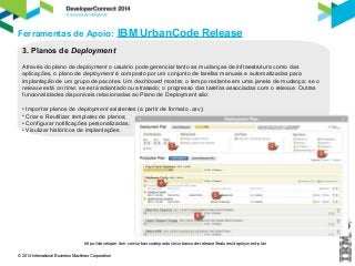 Ferramentas de Apoio: IBM UrbanCode Release 
3. Planos de Deployment 
Através do plano de deployment o usuário pode gerenciar tanto as mudanças de infraestrutura como das 
aplicações, o plano de deployment é composto por um conjunto de tarefas manuais e automatizadas para 
implantação de um grupo de pacotes. Um dashboard mostra: o tempo restante em uma janela de mudança; se o 
release está on time; se está adiantado ou atrasado; o progresso das tarefas associadas com o release. Outras 
funcionalidades disponíveis relacionadas ao Plano de Deployment são: 
• Importar planos de deployment existentes (a partir de formato .csv); 
• Criar e Reutilizar templates de planos; 
• Configurar notificações personalizadas; 
• Visulizar históricos de implantações. 
https://developer.ibm.com/urbancode/products/urbancode-release/features/deployment-plan 
© 2014 International Business Machines Corporation 
 