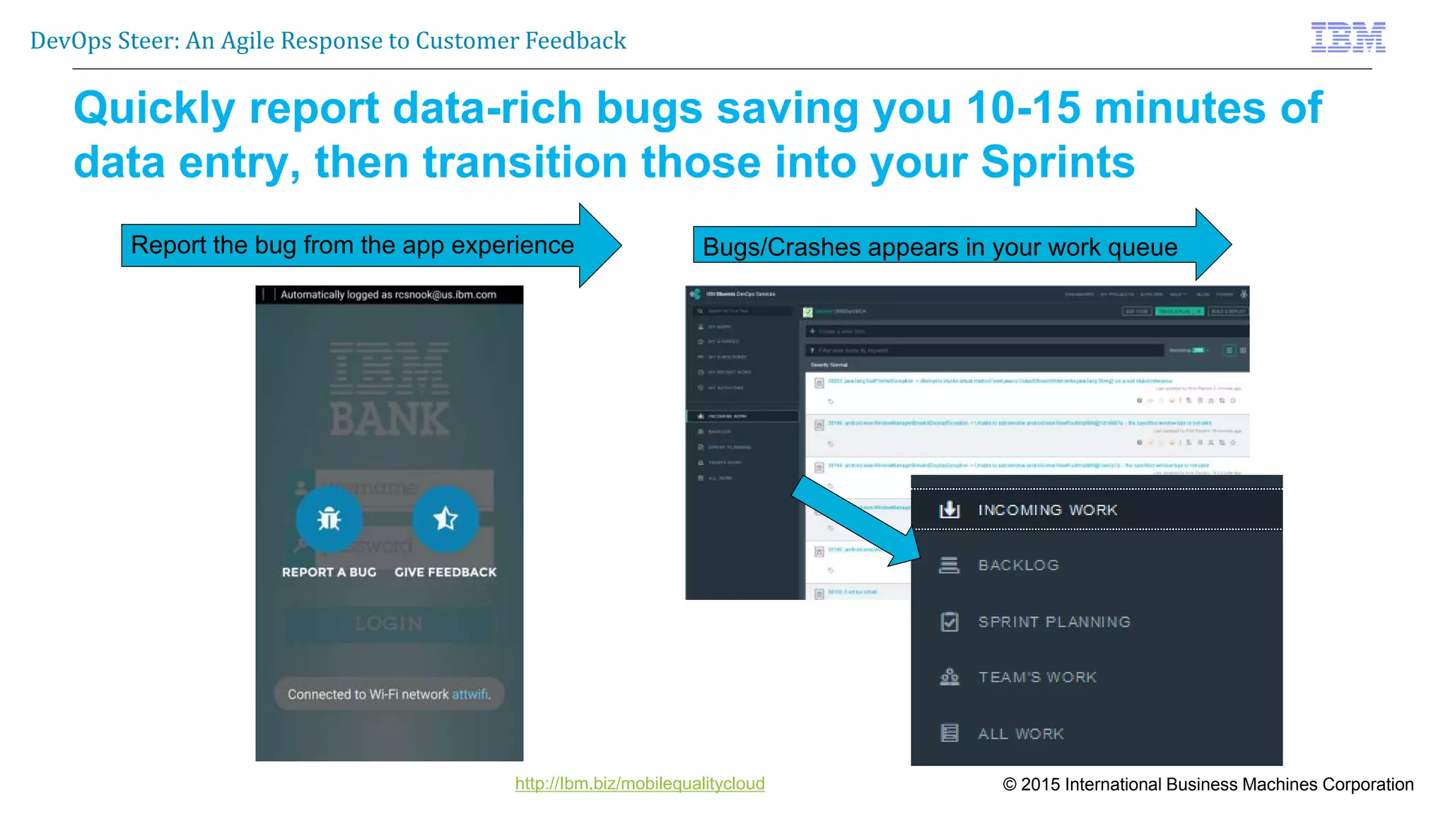 © 2015 International Business Machines Corporation
DevOps Steer: An Agile Response to Customer Feedback
http://Ibm.biz/mobilequalitycloud
Quickly report data-rich bugs saving you 10-15 minutes of
data entry, then transition those into your Sprints
Report the bug from the app experience Bugs/Crashes appears in your work queue
 