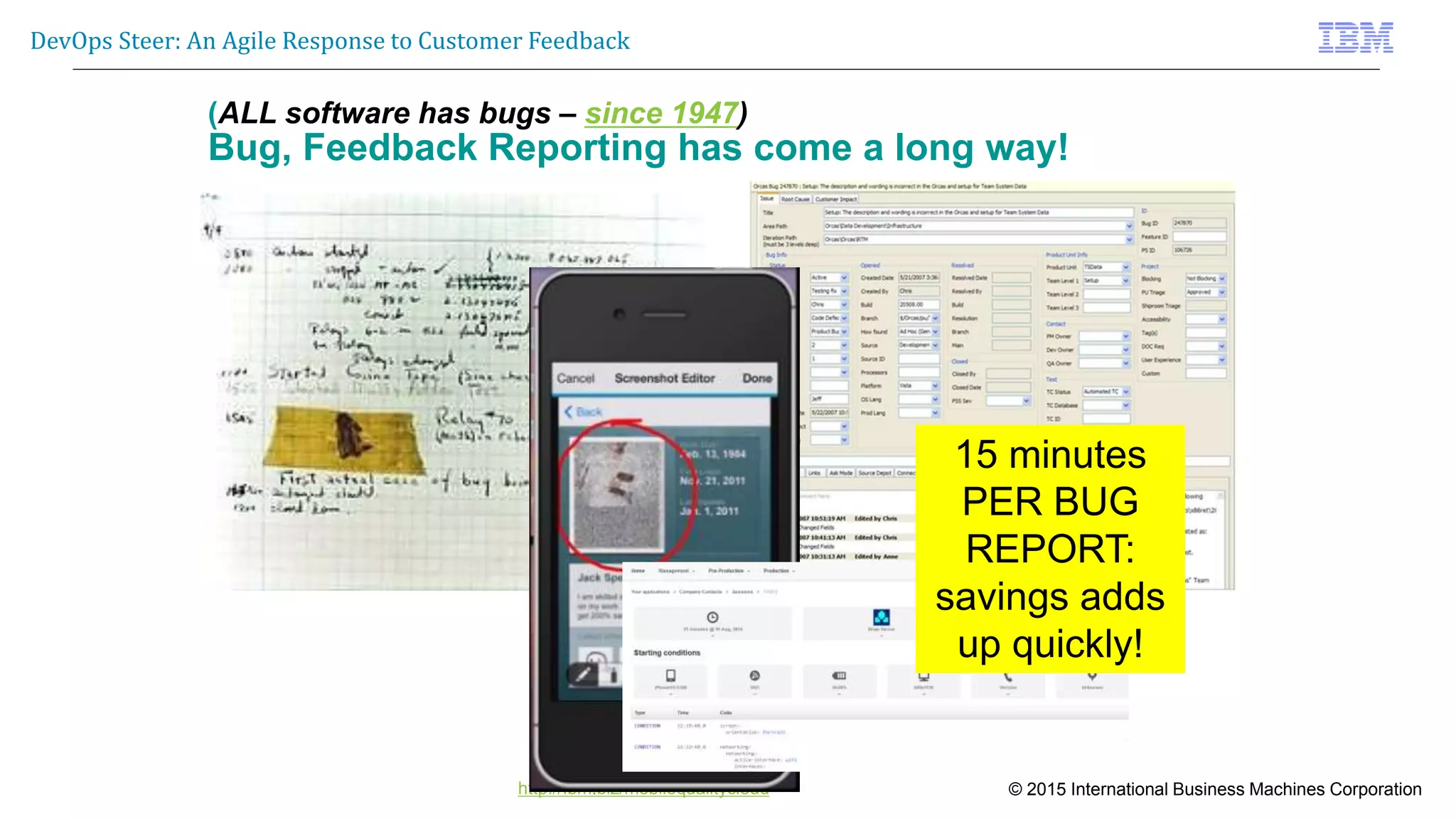 © 2015 International Business Machines Corporation
DevOps Steer: An Agile Response to Customer Feedback
http://Ibm.biz/mobilequalitycloud
15 minutes
PER BUG
REPORT:
savings adds
up quickly!
(ALL software has bugs – since 1947)
Bug, Feedback Reporting has come a long way!
 