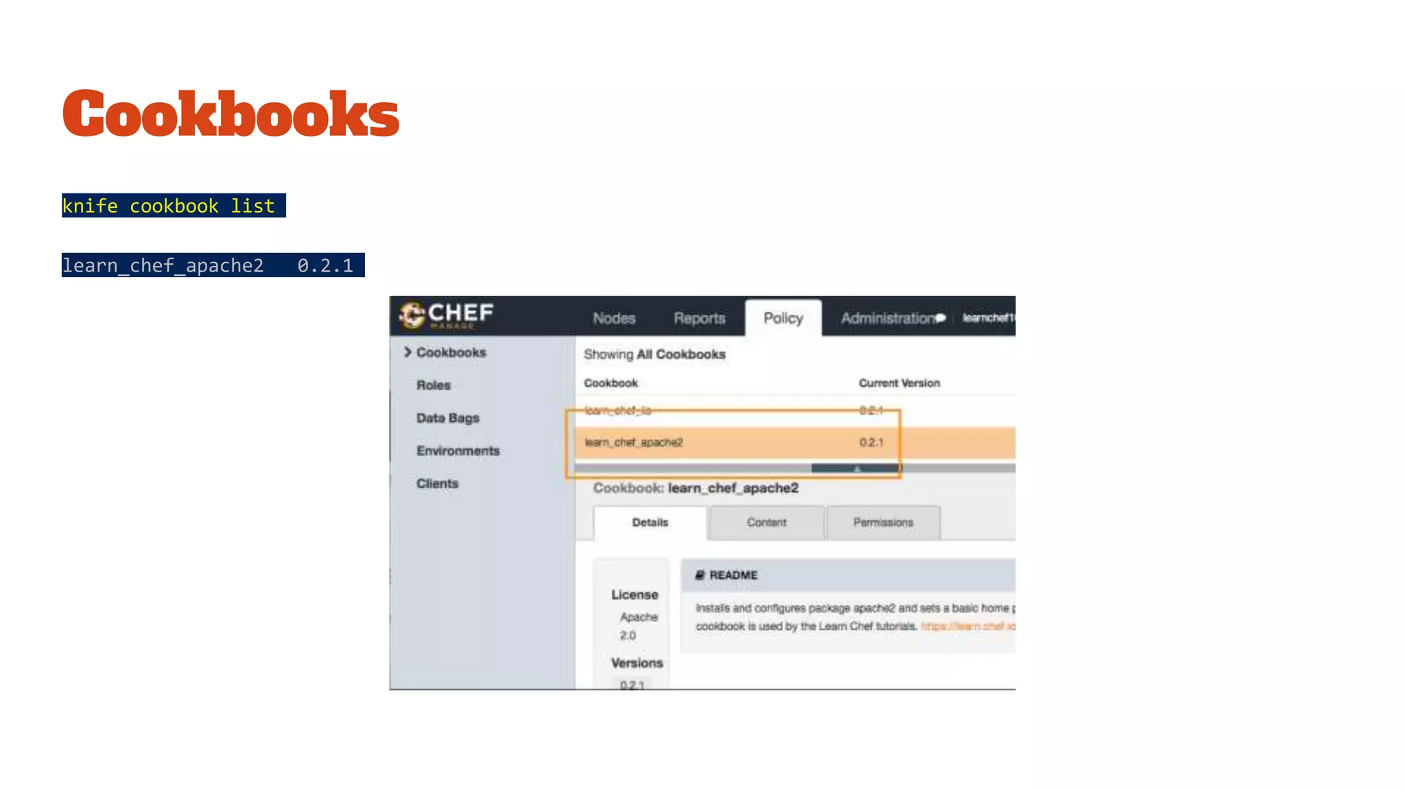 Cookbooks
knife cookbook list
learn_chef_apache2 0.2.1
 