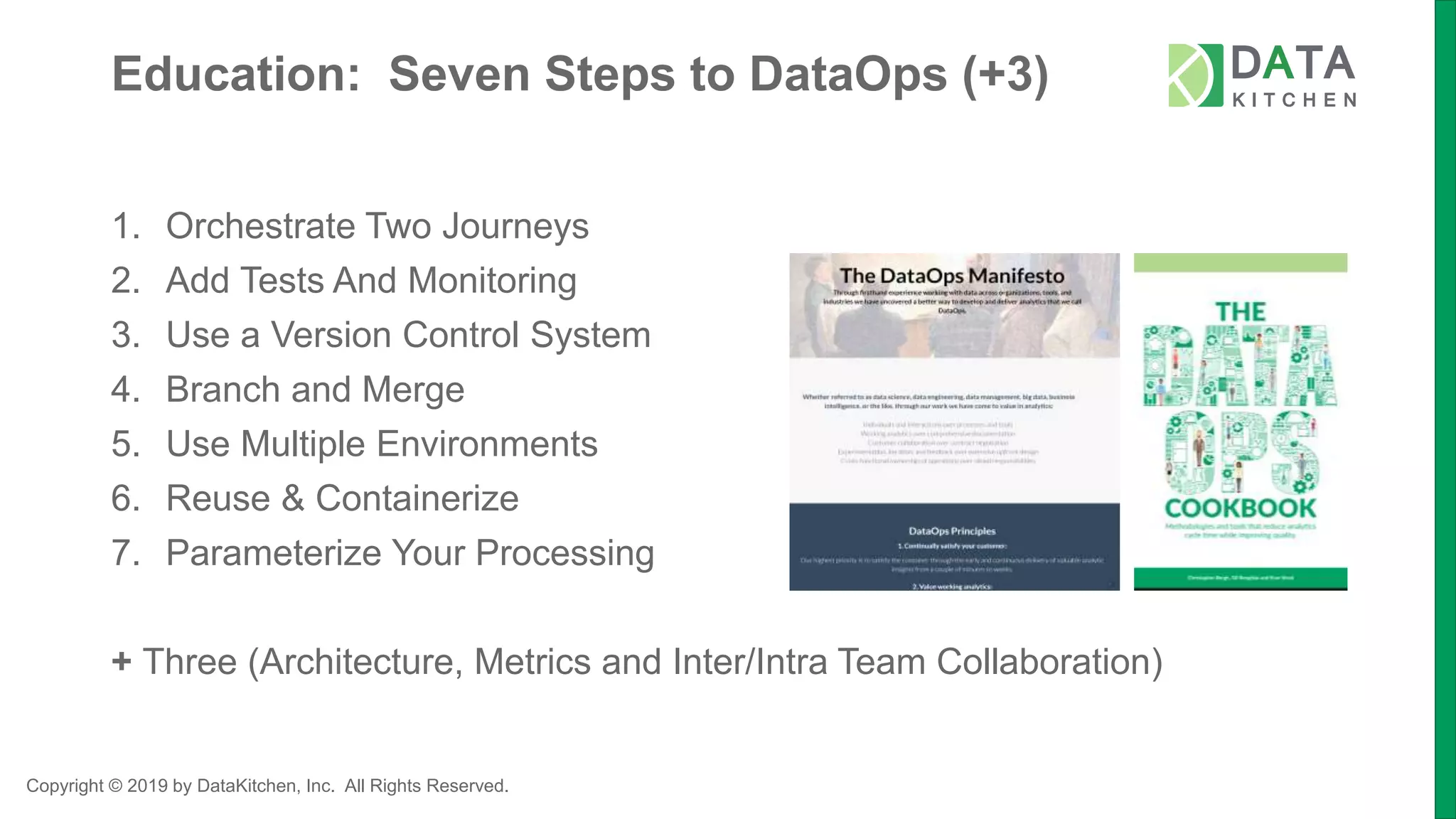 Copyright © 2019 by DataKitchen, Inc. All Rights Reserved.
Education: Seven Steps to DataOps (+3)
1. Orchestrate Two Journeys
2. Add Tests And Monitoring
3. Use a Version Control System
4. Branch and Merge
5. Use Multiple Environments
6. Reuse & Containerize
7. Parameterize Your Processing
+ Three (Architecture, Metrics and Inter/Intra Team Collaboration)
 