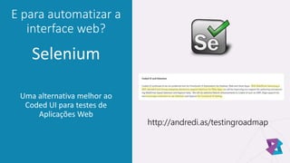 E para automatizar a
interface web?
Selenium
Uma alternativa melhor ao
Coded UI para testes de
Aplicações Web
http://andredi.as/testingroadmap
 
