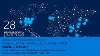 AZURE REGIONS
Últimos lançamentos em Outubro de 2015-
India – Central, India – South, India – West
GENERALLY AVAILABLE
6 nova regiões anunciadas: Canada Central, Canada East, Germany Central,
Germany North East, United Kingdom (2 – regions TBD)
 