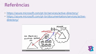 Referências
• https://azure.microsoft.com/pt-br/services/active-directory/
• https://azure.microsoft.com/pt-br/documentation/services/active-
directory/
 
