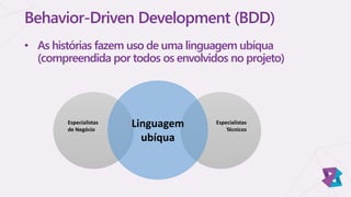 Behavior-Driven Development (BDD)
• As histórias fazem uso de uma linguagem ubíqua
(compreendida por todos os envolvidos no projeto)
Especialistas
de Negócio
Especialistas
Técnicos
Linguagem
ubíqua
 