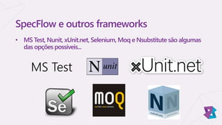 SpecFlow e outros frameworks
• MS Test, Nunit, xUnit.net, Selenium, Moq e Nsubstitute são algumas
das opções possíveis...
MS Test
 