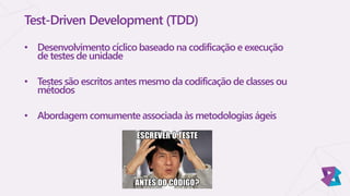 Test-Driven Development (TDD)
• Desenvolvimento cíclico baseado na codificação e execução
de testes de unidade
• Testes são escritos antes mesmo da codificação de classes ou
métodos
• Abordagem comumente associada às metodologias ágeis
 