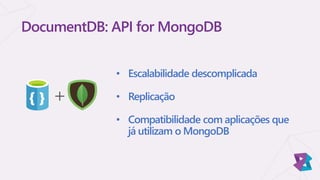 • Escalabilidade descomplicada
• Replicação
• Compatibilidade com aplicações que
já utilizam o MongoDB
DocumentDB: API for MongoDB
+
 