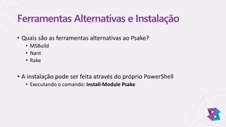 Ferramentas Alternativas e Instalação
• Quais são as ferramentas alternativas ao Psake?
• MSBuild
• Nant
• Rake
• A instalação pode ser feita através do próprio PowerShell
• Executando o comando: Install-Module Psake
 