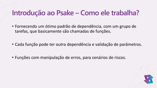 Introdução ao Psake – Como ele trabalha?
• Fornecendo um ótimo padrão de dependência, com um grupo de
tarefas, que basicamente são chamadas de funções.
• Cada função pode ter outra dependência e validação de parâmetros.
• Funções com manipulação de erros, para cenários de riscos.
 