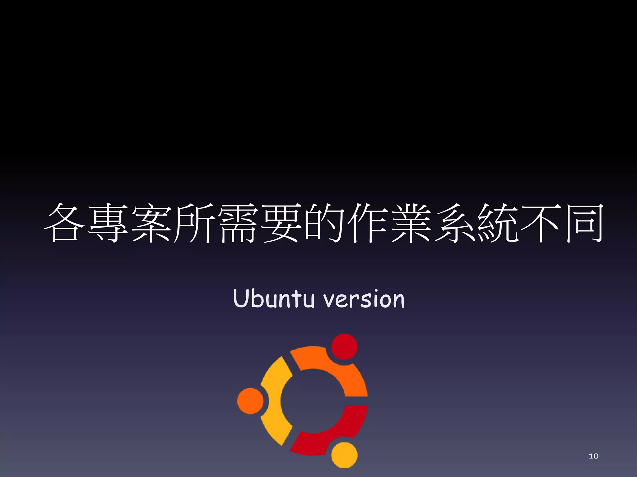 各專案所需要的作業系統不同
Ubuntu version
10
 