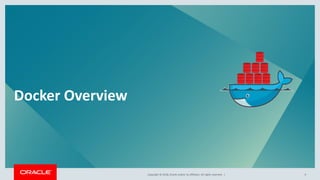 Copyright © 2018, Oracle and/or its affiliates. All rights reserved. |
Docker Overview
9
 