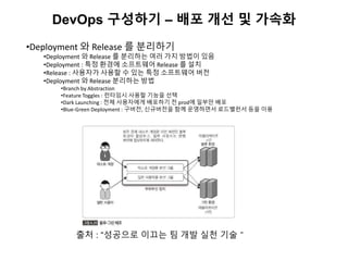 DevOps 구성하기 – 배포 개선 및 가속화
•Deployment 와 Release 를 분리하기
•Deployment 와 Release 를 분리하는 여러 가지 방법이 있음
•Deployment : 특정 환경에 소프트웨어 Release 를 설치
•Release : 사용자가 사용할 수 있는 특정 소프트웨어 버전
•Deployment 와 Release 분리하는 방법
•Branch by Abstraction
•Feature Toggles : 런타임시 사용할 기능을 선택
•Dark Launching : 전체 사용자에게 배포하기 전 prod에 일부만 배포
•Blue-Green Deployment : 구버전, 신규버전을 함께 운영하면서 로드밸런서 등을 이용
출처 : “성공으로 이끄는 팀 개발 실천 기술＂
 