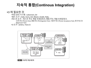 지속적 통합(Continous Integration)
•CI 에 필요한 것
•버전 관리 시스템 : subversion, Git
•빌드 도구 : make, Scons, Ant, Maven, Gradle, Rake,
•테스트 도구 : 테스트 주도 개발 프레임워크, 행동 주도 개발 프레임워크.
•단위 테스트(Unit Test), 통합 테스트(Integration Test), 사용자 테스트(User Acceptance Test), 회귀 테스트
(Regressoin Test)
•CI 도구 : Jenkins, Travis CI
 