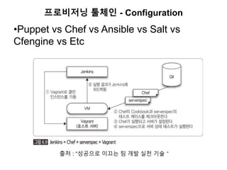프로비저닝 툴체인 - Configuration
•Puppet vs Chef vs Ansible vs Salt vs
Cfengine vs Etc
출처 : “성공으로 이끄는 팀 개발 실천 기술＂
 