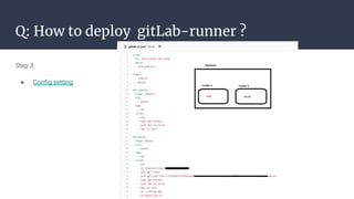 Q: How to deploy gitLab-runner ?
Step 3.
● Config setting
 