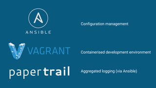 Configuration management
Containerised development environment
Aggregated logging (via Ansible)
 
