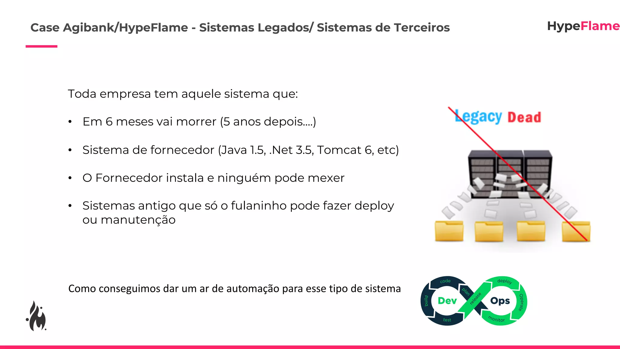 Toda empresa tem aquele sistema que:
• Em 6 meses vai morrer (5 anos depois....)
• Sistema de fornecedor (Java 1.5, .Net 3.5, Tomcat 6, etc)
• O Fornecedor instala e ninguém pode mexer
• Sistemas antigo que só o fulaninho pode fazer deploy
ou manutenção
Como conseguimos dar um ar de automação para esse tipo de sistema
Case Agibank/HypeFlame - Sistemas Legados/ Sistemas de Terceiros
 