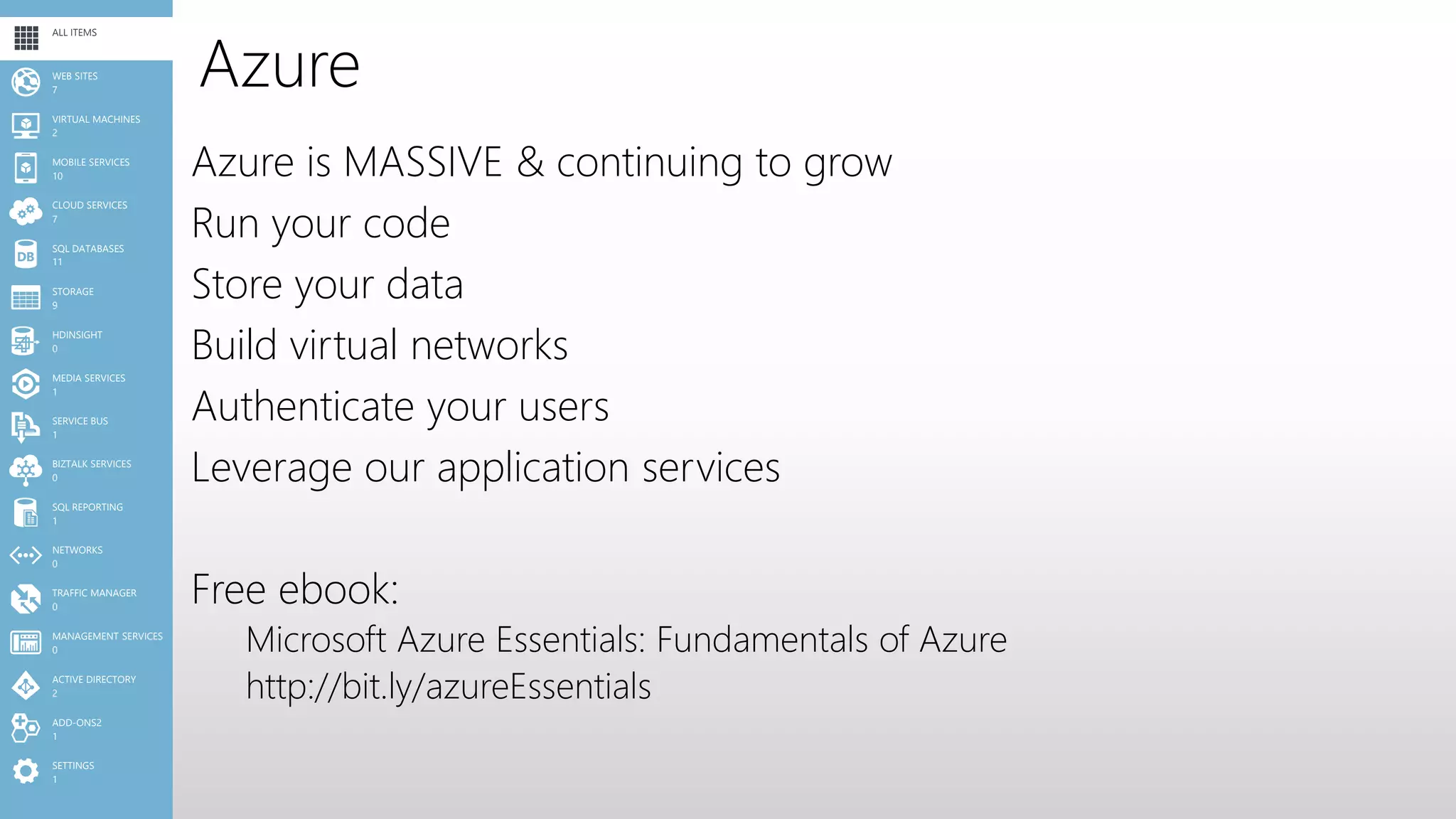 Azure
Azure is MASSIVE & continuing to grow
Run your code
Store your data
Build virtual networks
Authenticate your users
Leverage our application services
Free ebook:
Microsoft Azure Essentials: Fundamentals of Azure
http://bit.ly/azureEssentials
1
SETTINGS
1
ADD-ONS2
2
ACTIVE DIRECTORY
0
MANAGEMENT SERVICES
0
TRAFFIC MANAGER
0
NETWORKS
1
SQL REPORTING
0
BIZTALK SERVICES
1
SERVICE BUS
1
MEDIA SERVICES
0
HDINSIGHT
9
STORAGE
11
SQL DATABASES
7
CLOUD SERVICES
10
MOBILE SERVICES
2
VIRTUAL MACHINES
7
WEB SITES
ALL ITEMS
 