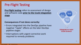 Marc Hornbeek DevOps_The_Gray
Pre-Flight Testing
Pre-Flight testing refers to assessment of design
and software code prior to the trunk integration
stage
Consequences if not done correctly:
• Errors integrated into the DevOps pipeline have
negative “ripple” effects on the later DevOps
pipeline stages
• Interruptions with urgent corrective work
required to remedy problems
Integrate to main
trunk branch
Test
Test
Test
 