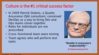 Marc Hornbeek DevOps_The_Gray
Culture is the #1 critical success factor
• “Quality is everyone’s
responsibility.”
• W. Edwards Deming Ph.D.
• In 2009 Patrick Dubois, a Quality
Assurance (QA) consultant, conceived
DevOps as a way to bring Dev and
Ops teams closer together
• Roles for individuals are not
prescribed
• Cross-functional team owns testing
• Team agrees who will perform test
tasks
 