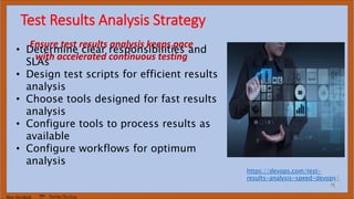 Marc Hornbeek DevOps_The_Gray
Test Results Analysis Strategy
• Determine clear responsibilities and
SLAs
• Design test scripts for efficient results
analysis
• Choose tools designed for fast results
analysis
• Configure tools to process results as
available
• Configure workflows for optimum
analysis
https://devops.com/test-
results-analysis-speed-devops/
Ensure test results analysis keeps pace
with accelerated continuous testing
 