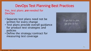 Marc Hornbeek DevOps_The_Gray
DevOps Test Planning Best Practices
Yes, test plans are needed for
DevOps
• Separate test plans need not be
written for every change
• Test plans provide overall guidance
for product test strategies and
policies
• Define the strategy/contract for
measuring test coverage
 