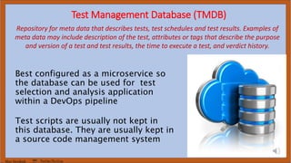 Marc Hornbeek DevOps_The_Gray
Test Management Database (TMDB)
Best configured as a microservice so
the database can be used for test
selection and analysis application
within a DevOps pipeline
Test scripts are usually not kept in
this database. They are usually kept in
a source code management system
Repository for meta data that describes tests, test schedules and test results. Examples of
meta data may include description of the test, attributes or tags that describe the purpose
and version of a test and test results, the time to execute a test, and verdict history.
 