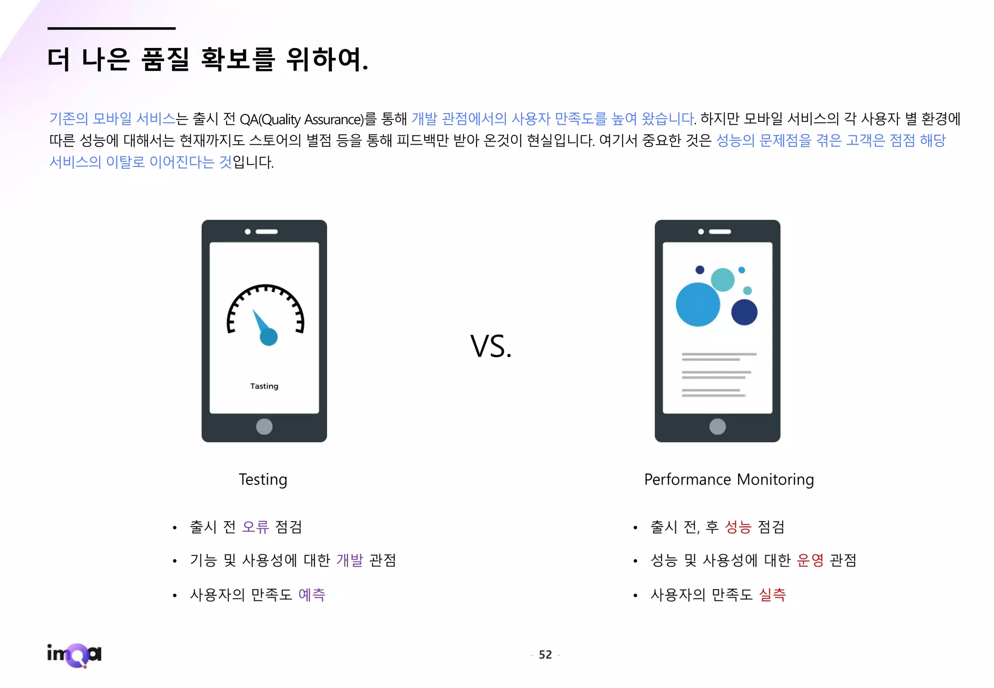 - 52 -
더 나은 품질 확보를 위하여.
기존의 모바일 서비스는 출시 전 QA(Quality Assurance)를 통해 개발 관점에서의 사용자 만족도를 높여 왔습니다. 하지만 모바일 서비스의 각 사용자 별 환경에
따른 성능에 대해서는 현재까지도 스토어의 별점 등을 통해 피드백만 받아 온것이 현실입니다. 여기서 중요한 것은 성능의 문제점을 겪은 고객은 점점 해당
서비스의 이탈로 이어진다는 것입니다.
VS.
 