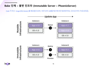 - 18 -
Bake 단계 – 불변 인프라 (Immutable Server – PhoenixServer)
Code가아닌 Image(VM,Docker)를배포함으로써, 버전관리 Diff를체크해버전별패치하는것으로부터 자유로워짐.
 