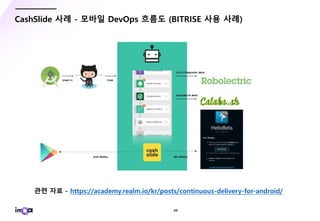 - 49 -
CashSlide 사례 - 모바일 DevOps 흐름도 (BITRISE 사용 사례)
관련 자료 - https://academy.realm.io/kr/posts/continuous-delivery-for-android/
 