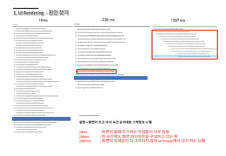 설명 – 화면이 뜨고 나서 시간 순서대로 스택정보 나열
14ms : 화면이 뜰때 초기하는 작업들이 너무 많음
236ms : 현 순간에도 화면 레이아웃을 구성하고 있는 중
1397ms : 화면의 프레임이 다 그려지지 않아 UI Thread에서 대기 하는 상황
 