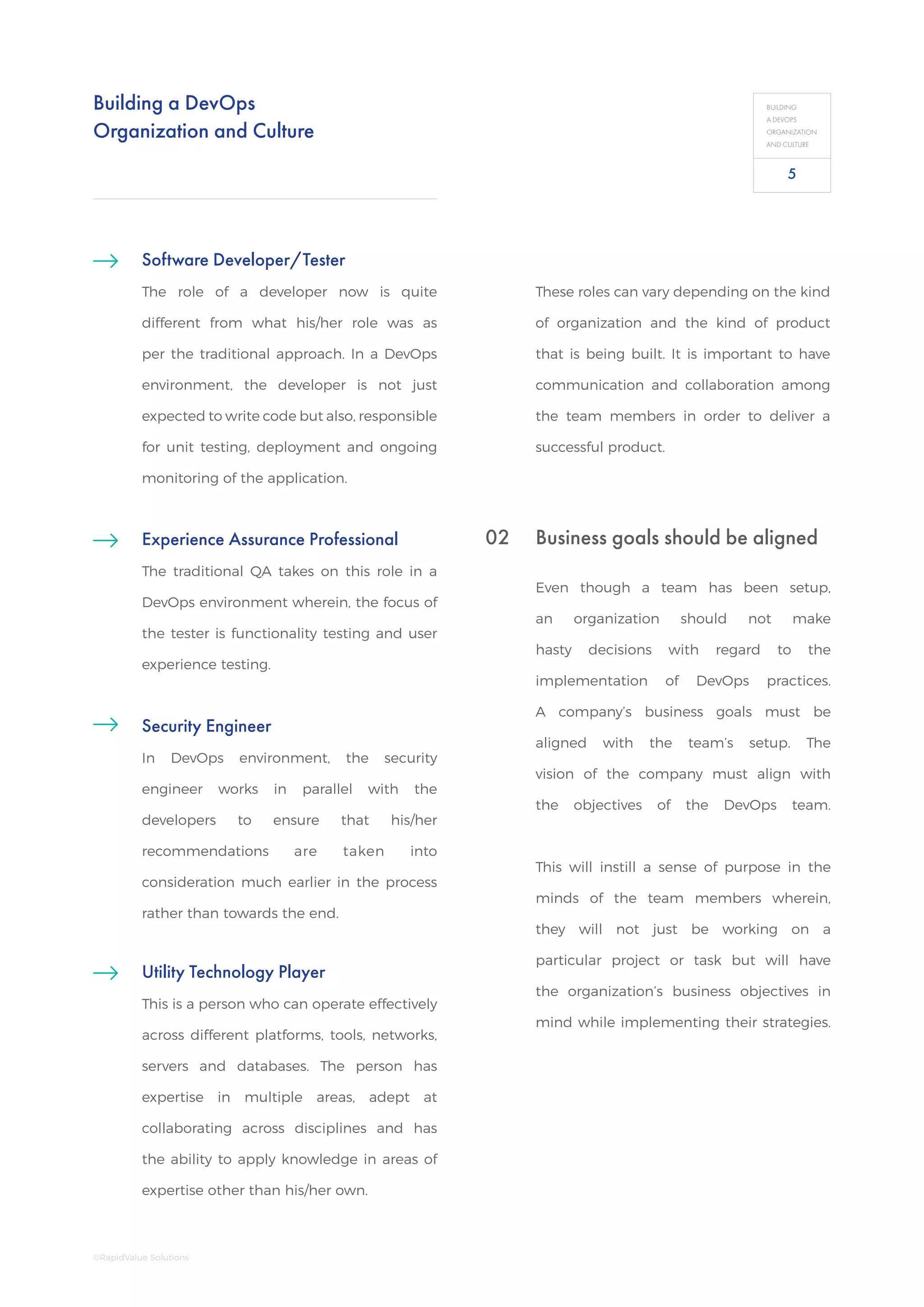 Building a DevOps
Organization and Culture
BUILDING
A DEVOPS
ORGANIZATION
AND CULTURE
Security Engineer
In DevOps environment, the security
engineer works in parallel with the
developers to ensure that his/her
recommendations are taken into
consideration much earlier in the process
rather than towards the end.
Experience Assurance Professional
The traditional QA takes on this role in a
DevOps environment wherein, the focus of
the tester is functionality testing and user
experience testing.
Software Developer/Tester
The role of a developer now is quite
different from what his/her role was as
per the traditional approach. In a DevOps
environment, the developer is not just
expected to write code but also, responsible
for unit testing, deployment and ongoing
monitoring of the application.
Utility Technology Player
This is a person who can operate effectively
across different platforms, tools, networks,
servers and databases. The person has
expertise in multiple areas, adept at
collaborating across disciplines and has
the ability to apply knowledge in areas of
expertise other than his/her own.
These roles can vary depending on the kind
of organization and the kind of product
that is being built. It is important to have
communication and collaboration among
the team members in order to deliver a
successful product.
Business goals should be aligned
Even though a team has been setup,
an organization should not make
hasty decisions with regard to the
implementation of DevOps practices.
A company’s business goals must be
aligned with the team’s setup. The
vision of the company must align with
the objectives of the DevOps team.
This will instill a sense of purpose in the
minds of the team members wherein,
they will not just be working on a
particular project or task but will have
the organization’s business objectives in
mind while implementing their strategies.
02
5
©RapidValue Solutions
 
