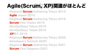 主な登壇歴
•Regional Scrum Gathering Tokyo 2015
•Agile Japan 2015
•Regional Scrum Gathering Tokyo 2016
•Scrum Fest Osaka 2019
•DevOpsDays Tokyo 2019
•DevOpsDays Taipei 2019
•XP祭り 2019
•Regional Scrum Gathering Tokyo 2020
•Developers Summit 2020
•Regional Scrum Gathering Tokyo 2021
•Scrum Fest Sapporo 2021
Agile(Scrum, XP)関連がほとんど
 