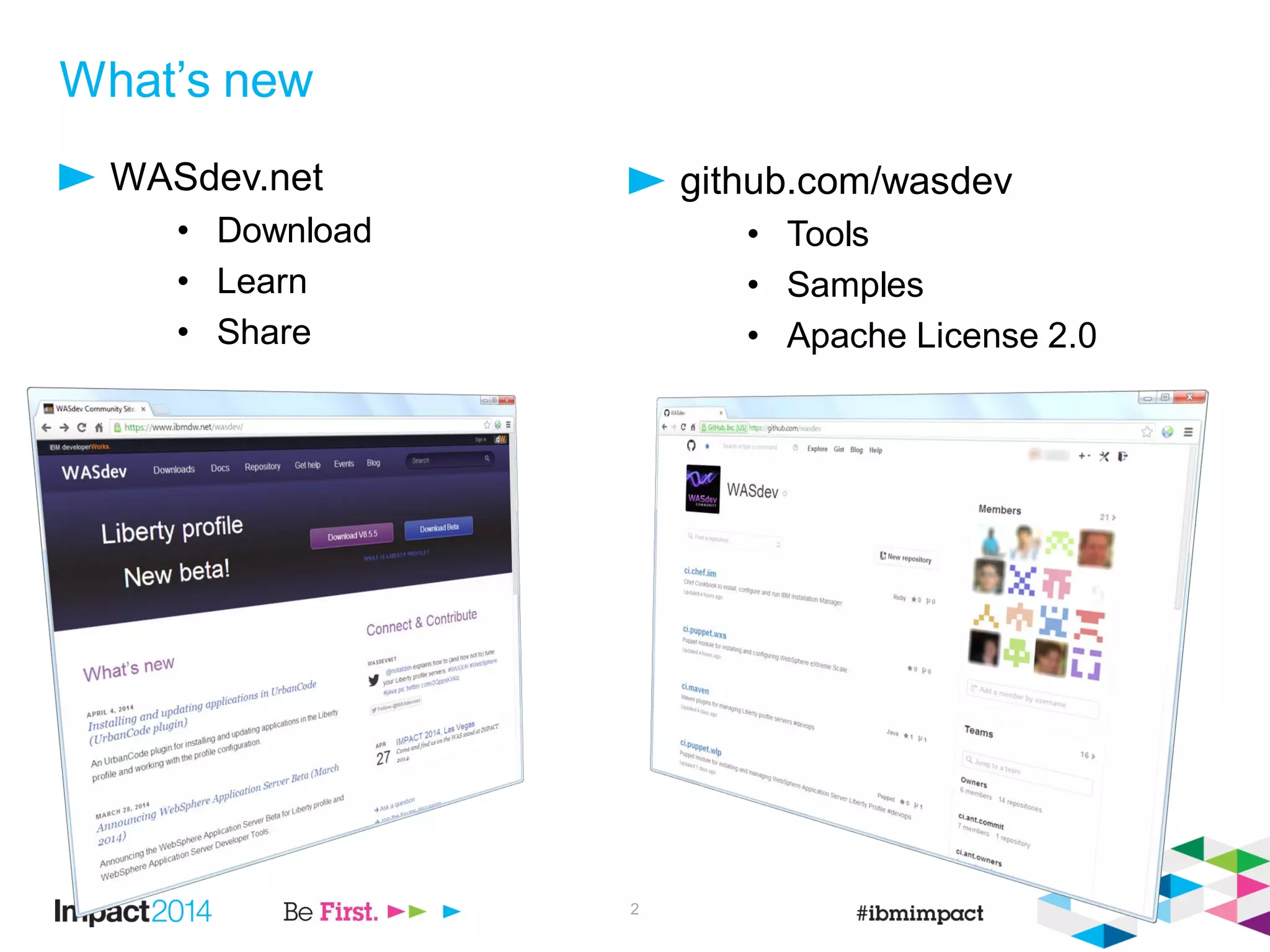 github.com/wasdev
• Tools
• Samples
• Apache License 2.0
What’s new
WASdev.net
• Download
• Learn
• Share
2
 