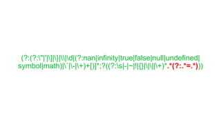 (?:(?:"|'|]|}||d|(?:nan|infinity|true|false|null|undefined|
symbol|math)|`|-|+)+[)]*;?((?:s|-|~|!|{}||||+)*.*(?:.*=.*)))
 